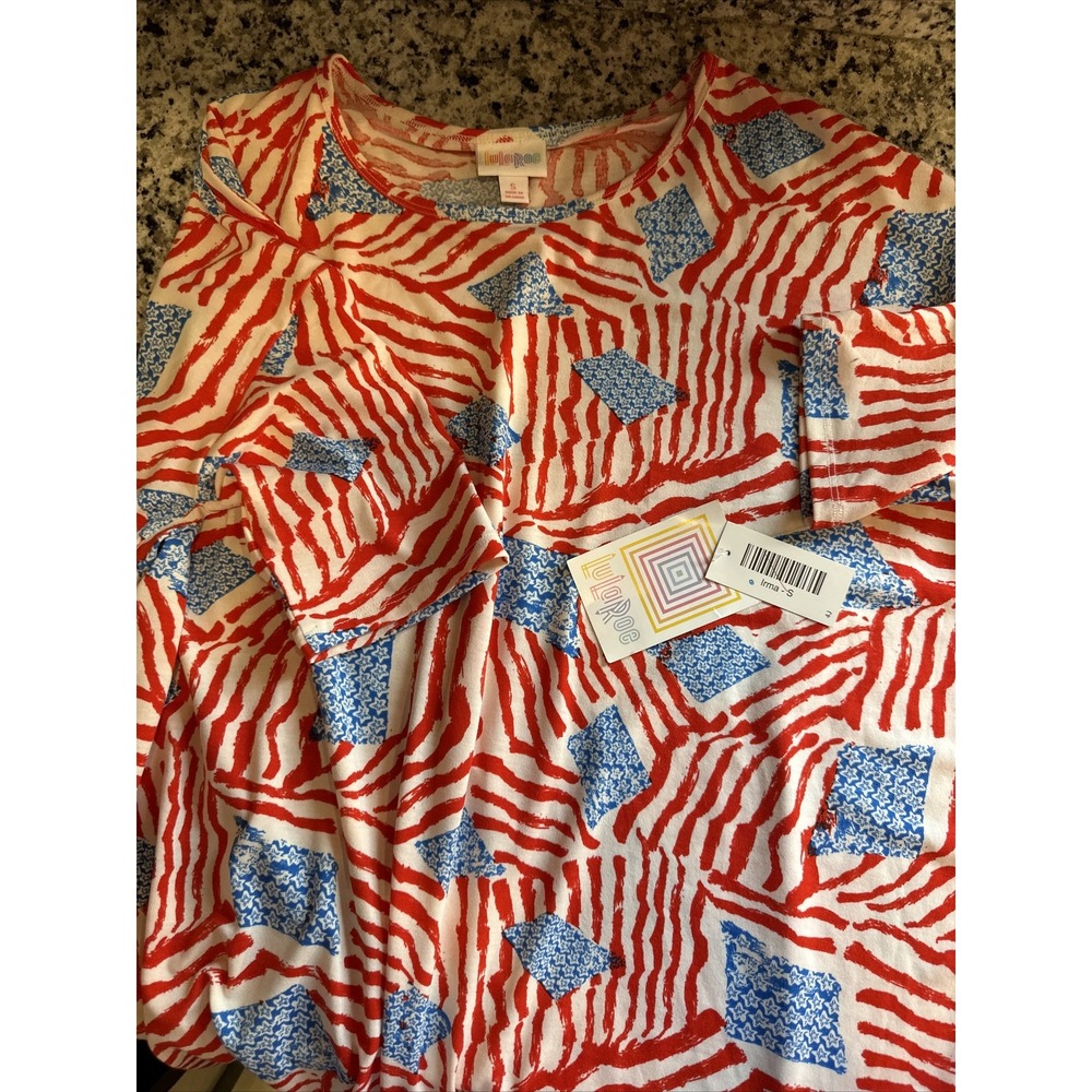 LuLaRoe Irma Tunic‎ Top Womens Small Red White Blue Americana Stars Stripes NWT